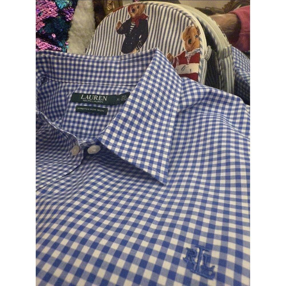 Lauren Ralph Lauren Button Down Women XL Blue Gingham Stretch No Iron 3/4 Sleeve